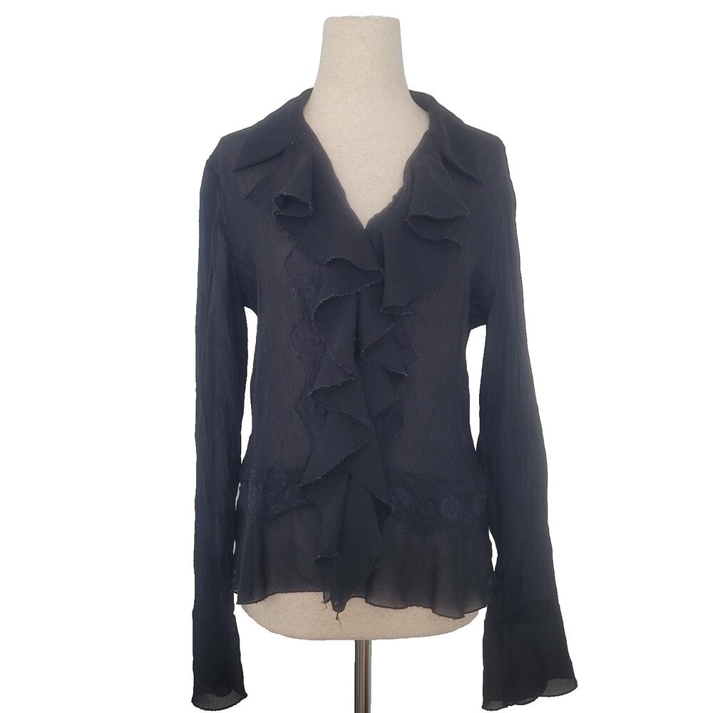 Vintage Y2K Ruffle Sheer Button Up Top Size M Whimsigoth Goth Witchy Grunge
